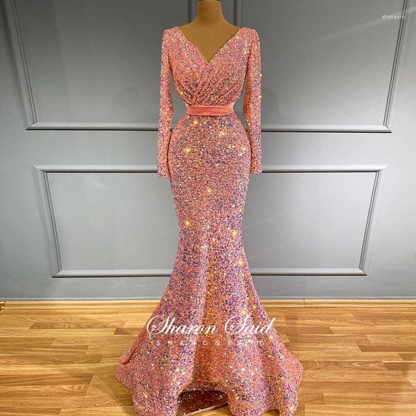 Partykleider Erröten Rosa Pailletten Meerjungfrau Muslimischen Abend Langarm 2023 Luxus Elegantes Abschlussball Formelles Kleid Für Frauen Brautkleider