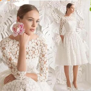 Vestidos de fiesta Cuello barco Vestido de novia corto Hasta la rodilla Manga larga Simple Una línea Novia Elegante 3D Floral Lace Robe De Mariee