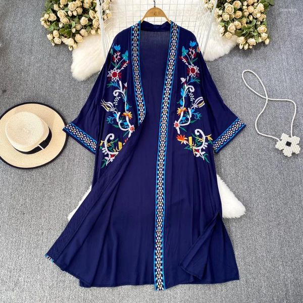 Robes de soirée robe bohème pour femmes 2024 demi manches broderie florale crème solaire Style ethnique été robes de plage goutte