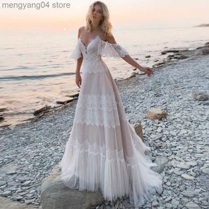 Party Dresses Bohemian Wedding Dresses Tempting Nude Champagne V Neck Chic Sleeves Straps Ruffles Lace A Line Backless Bridal Gowns T230502