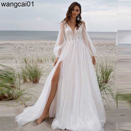 Feestjurken Bohian v-neck tul trouwjurk lange bladerdeeg heen sevent hoogglijden appliques bruidsjurk op maat gemaakt voor dames gewaad de mariage 0408H23