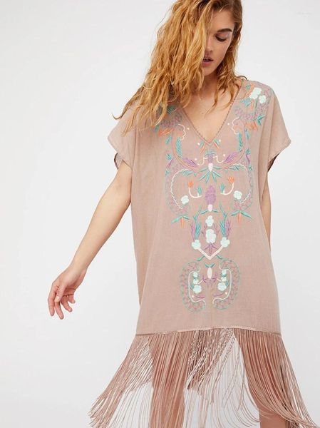 Robes de soirée Boho Robe Femmes Floral Broderie Gland À Manches Courtes Coton Mini Gypsies Chic Lâche Casual Vacances Robes 2024