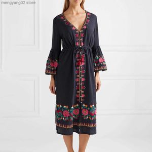 Robes de soirée Boho Floral Broderie Longues Femmes 2021 Automne Rétro Flare Manches Col V Noir Dames Hippie Plage Midi T230504