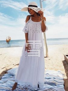 Feestjurken Boho Lace Patchwork Maxi Dress Women's Tunic Sexy White Summer Beach Vacation Bikini Blouse