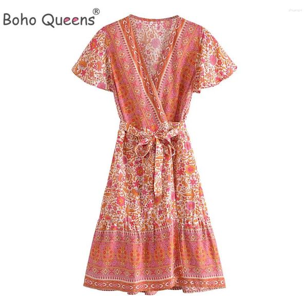 Robes de soirée Boho Queens Femmes Rose Imprimé Floral Croix Col En V Robe De Plage Mini Robe Dames À Manches Courtes Rayonne Coton Bohème