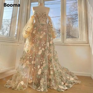 Robes de soirée Booma Beige broderie dentelle a-ligne robes de bal chérie manches bouffantes perles Corset à lacets robes de soirée formelles avec longue traîne 230310