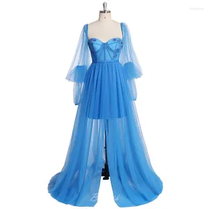 Feestjurken bowith prom vierkante kraag lange mouw tule avond trouwjurk blauwe vloer lengte jurk vestidos gala