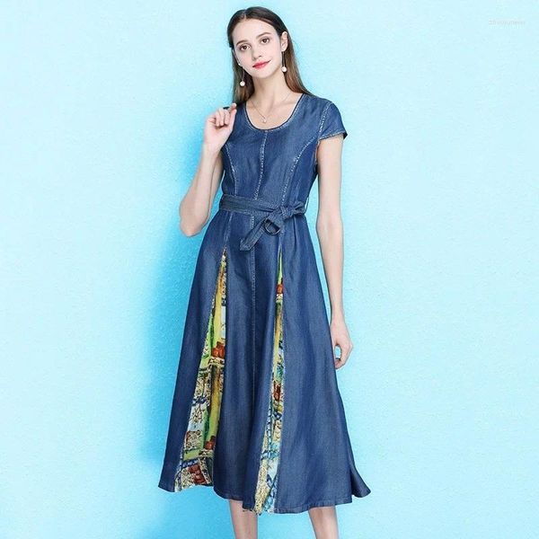 Vestidos de fiesta Marca Top Mujer Seda Impreso Patchwork Denim Cintura alta Manga corta O-Cuello Fajas Damas Big Hem Streetwear