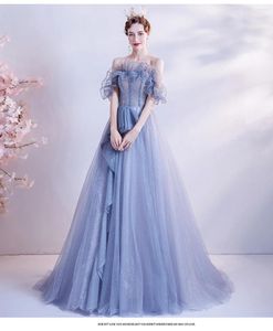 Robes de fête banquet de mariée longue robe hôte dégradé bleu brillant étoiles de powalk soirée formelle femme élégante brillante