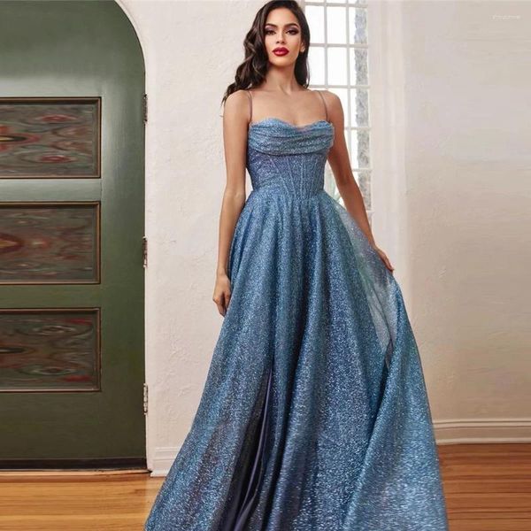 Robes de fête Bridalaffair Sparkly Dusty Blue Champagne Tulle Long Prom Plus taille Spaghetti Stracles de soirée Glitter Robes