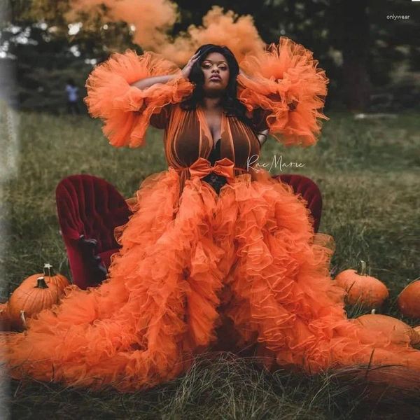 Robes de fête à manches longues en tulle orange vif avec des robes de grossesse nuptiale de taille plus sur mesure