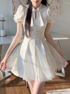 Robes de soirée manches bulle français robe élégante femmes en mousseline de soie Vintage doux Mini femme blanc rétro mignon fée été
