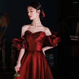 Feestjurken Burgundy Cocktail Dress Bow Satin Off Shoulder Detachable Sleeve Strapless Long A-Line Formal Wedding Bride Prom-jurken