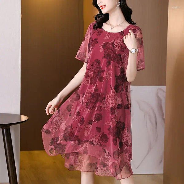 Robes de soirée Casual Gaze Floral Imprimé Robe Midi Coréen Élégant Lâche Asymétrique Épissé Été À Manches Courtes O-cou