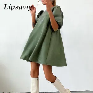 Feestjurken Casual O-hals Dames Losse mode Elegante bladerdeegschouder Mini-jurk Vintage Franse stijl Patchwork PU A-lijn