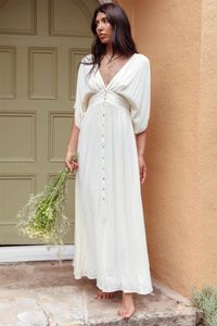 Feestjurken Casual wit linnen maxi jurk voor vrouwen zomer v nek korte batwing mouw single breasted hoge taille los