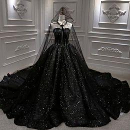 Robes de soirée cathédrale robe de mariée à paillettes sans manches chérie robe de mariée train royal avec cape noire ALine balayage dos nu 230328