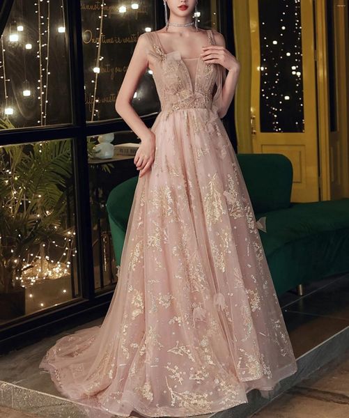 Robes de soirée Celebrity personnalisé rose tulle robe de bal 2024 paillettes jupe à glissière a-ligne longueur de plancher de mariage princesse soirée