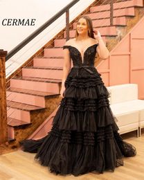 Feestjurken Cermae V-Neck Bubble Elegant Chiffon Wedding Gown Prom Black A-Line Tiered formeel voor vrouwen 2024