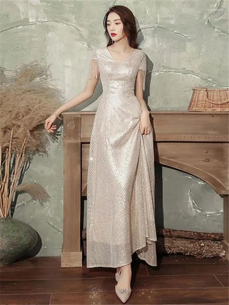 Robes de soirée Robe Champagne Vêtements pour femmes Couleur unie Paillettes Frange Robe de soirée Col en V Manches courtes Longue Jupe trapèze M384