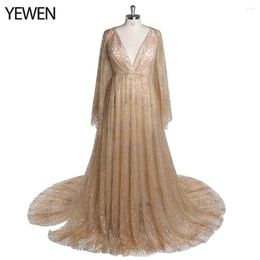 Vestidos de fiesta Champagne Gold Sequined V Neck Camiseta Long Slit Send Gowns Fancy Maternity Pogray Props Yewen