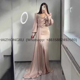 Robes de soirée Champagne manches longues bouffantes robe de soirée pour la fête de mariage col en v arabe robe de bal sirène robes de noche W0428