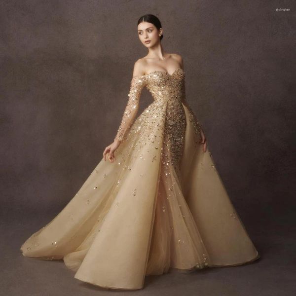 Robes de fête Champagne Soirée de sirène avec une surface détachable Overskirt Elegant Sweetheart Perles à paillettes Prom 2024