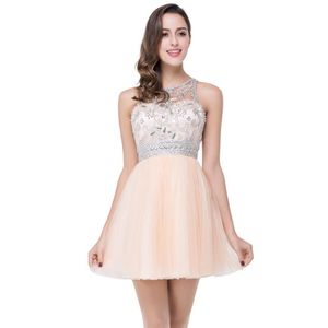 Feestjurken Champagne Mouwloze junior Homecoming -jurk Sparkly Crystal Beading O Neck Women A Line Short Prom Jurk Mini Vestidosparty