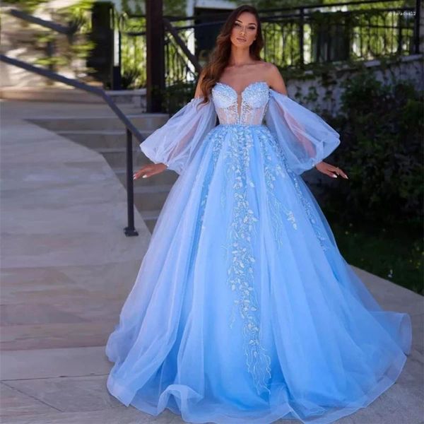 Vestidos de fiesta encantadores azules azules brillantes de encaje vestido de baile de baile de baile desmontables mangas de tul vestidos de pelota corsé princesa vespertina