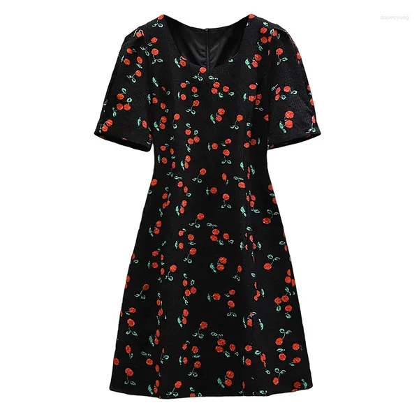 Robes de soirée imprimé cerise Jacquard noir rouge genou femmes 2023 été Chic col carré décontracté femme vêtements Robe