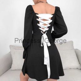 Partykleider Chic Elegantes schwarzes Kleid Frauen rückenfrei Sexy Lace Up kurze Kleider mit Langarm Vintage Goth Kleidung 2022 Neu x0629