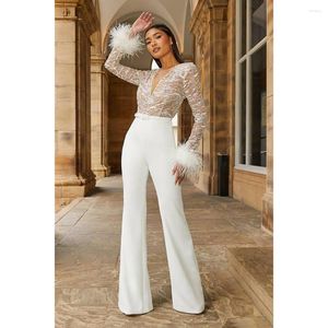 Robes de fête Chic Assumes de robe de soirée pour femmes Ve-Neck plumes à manches longues Sellenien Appliques Pantal