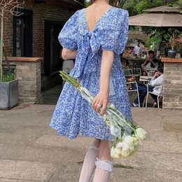 Robes de soirée Chic Laçage Arc Bleu Manches Bouffantes Imprimé Floral Pour Femmes Rose Doux Filles Robe De Plage 2023 Été Lâche Robe Feminino