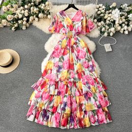 Basic Casual Jurken Runway Prachtige Bloem Chiffon Cascading Jurk Vrouwen V-hals Korte Mouw Bloemenprint Elastische Taille Lange Boho Gewaad vestidos 2024