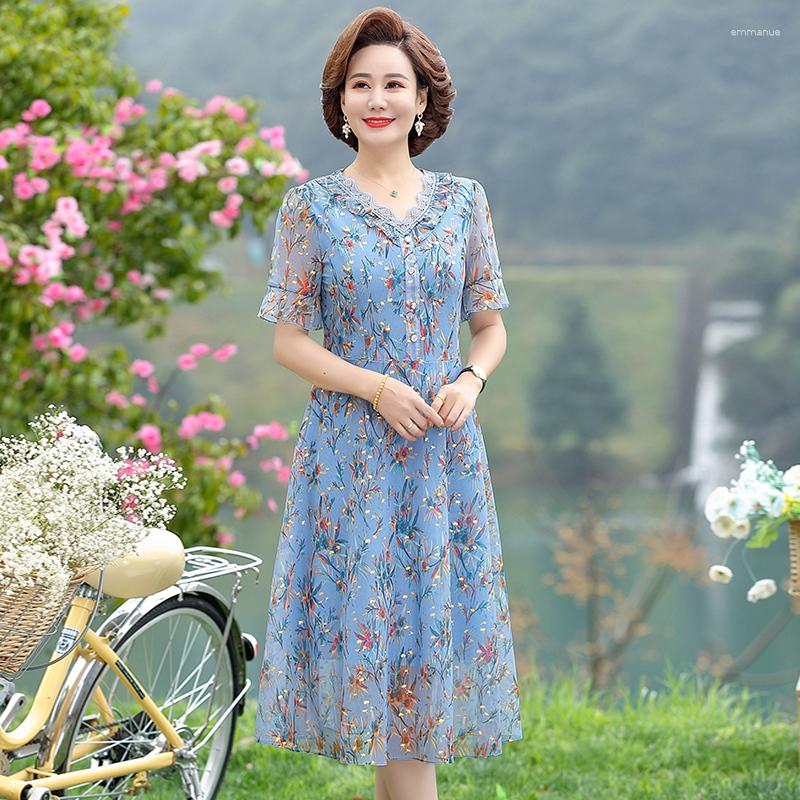 Party Dresses Chiffon Dress Female 2023 Summer Retro Print Short-sleeved Pink Vestidos Size XL-5XL High Quality Elegant