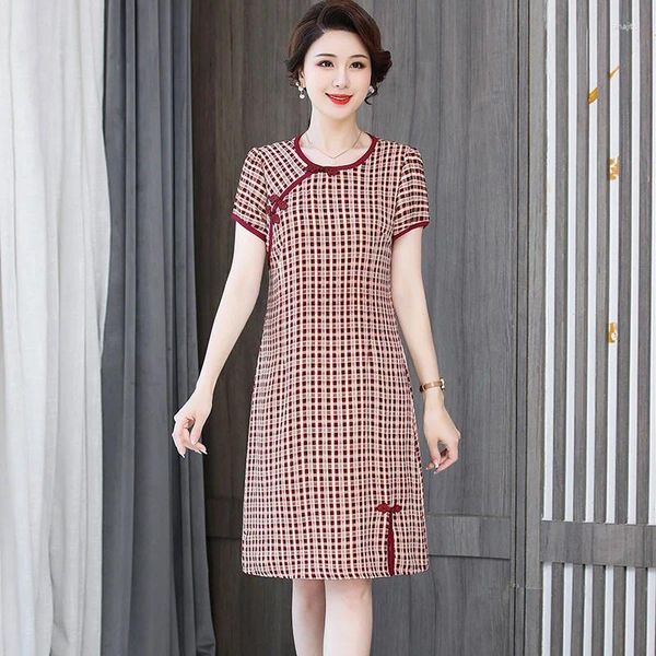 Robes de soirée Robe chinoise coton Vintage Plaid femmes Robe orientale Cheongsam femme chine élégant décontracté moderne Mini Qipao