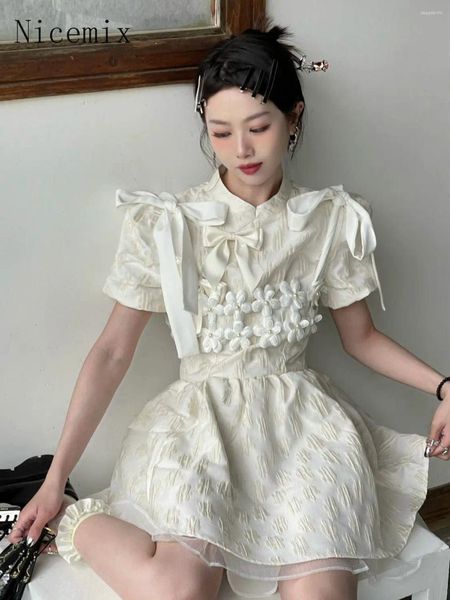 Vestidos de fiesta estilo chino arco manga de burbuja vestido blanco para mujeres verano retro dulce niña cintura delgada falda esponjosa una línea corta