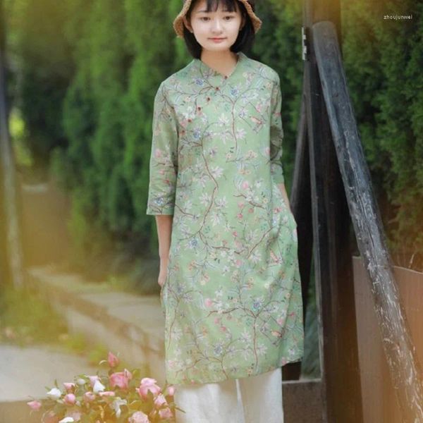 Robes de soirée Style chinois littéraire Double couche col en v impression Zen robe Cheongsam améliorée robes d'été pour femmes vert