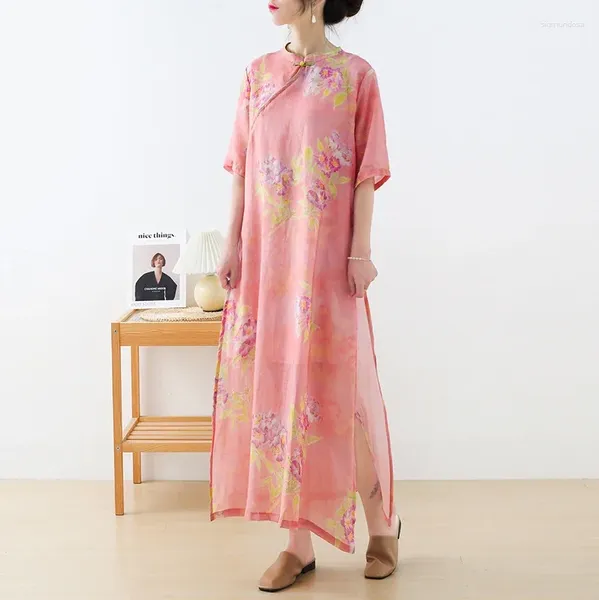 Robes de soirée Chinois Été Traditionnel Imprimé Cheongsam Robe Femmes Filles Rétro Qipao Moulante Sexy Manches Courtes Vintage Mode Midi