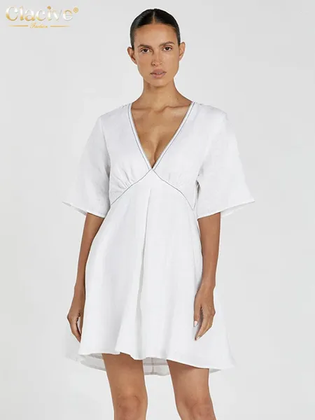 Robes de fête Clove Summer Loose White Cotton Robe Madames Sexy V-cou en V V Mini Elegant Classic Elegant Solid For Women 2024