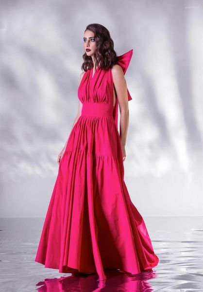 Robes de soirée classique longue fuchsia taffetas soirée avec poches moyen-orient a-ligne étage longueur arabe robes de bal pour les femmes