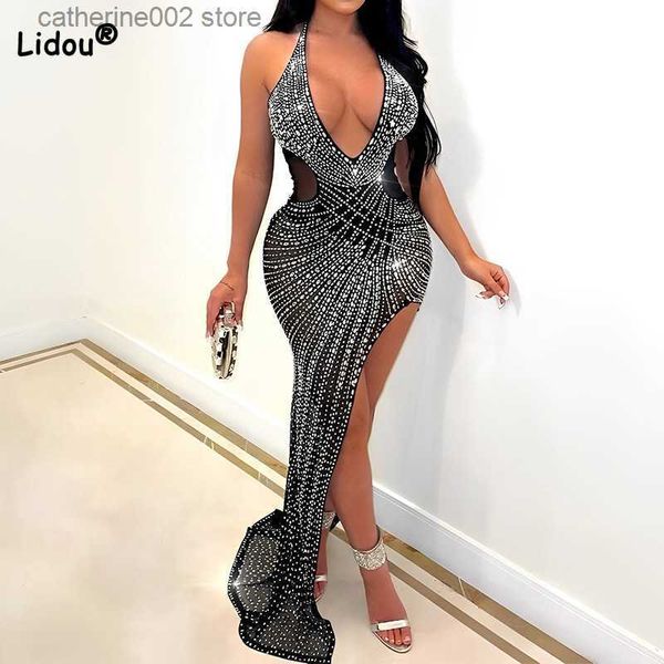 Robes de soirée Club Sexy Halter V-Neck Net Fil Patchwork Diamants Jupe Irrégulière Streetwear Vêtements D'été Solide Sans Manches Longue Robe Femmes T230602