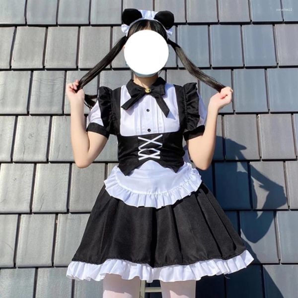 Vestidos de fiesta con negro blanco lolita gótico traje de mucama halloween suave niña dulce lindo arco vestido de manga corta