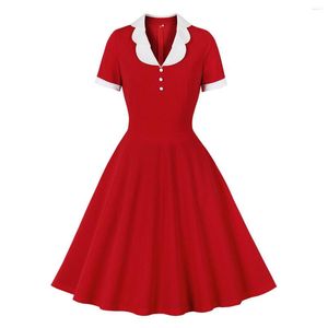 Vestidos de fiesta Contraste Cuello y botón en el puño Frente Rojo 50s Vintage Manga corta Ropa de verano Vestido oscilante Mujer Elegante VD2947