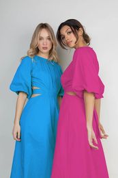 Robes de fête Coton Arrviel Soft Cozy Hollow Out Collection Elagant 2024 Round Neck Office Dame's Robe's Slim Long Jupe