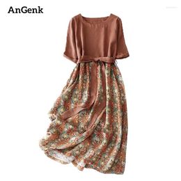 Robes de fête en coton mi-manches imprimé vintage pour femmes 2024 Summer décontracté longues vacances robe femme vestide vestide