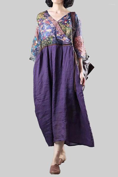 Robes de soirée Robe en lin de coton pour les femmes violet demi-manche col en V motif imprimé vintage décontracté plissé a-ligne patchwork été midi