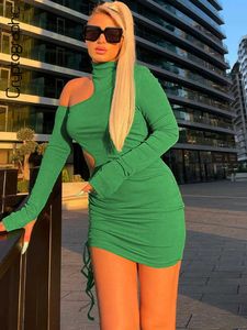 Feestjurken Cryptografische trekkoord Ruches Sexy Cut Out Out Out Bodycon Mini Dress for Women Fashion Outfits Elegant Fall Long Sleeve Green Jurken L230313
