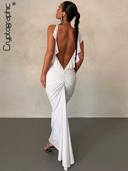 Vestidos de fiesta Cryptographic Hot Sexy Backless Elegante vestido con volantes Fruncido Maxi Dress Outfits para mujeres Night Club Vestidos de fiesta Vestido Ropa L230313