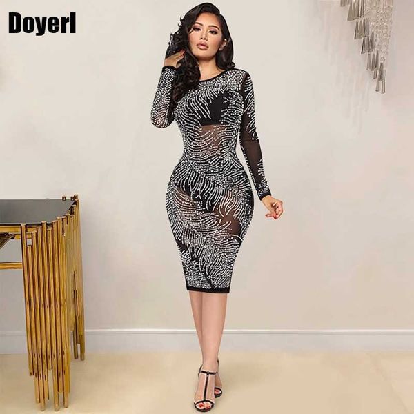 Robes de soirée Cristal strass Midi robe moulante femmes automne paillettes robes d'anniversaire pour les femmes fête voir à travers la robe sexy en maille transparente T220930